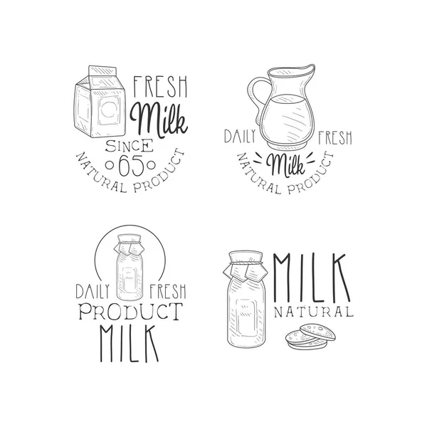 Süt üretim sanayi için elle çizilmiş logoları vektör kümesi. Süt ve süt ürünleri için orijinal tek renkli Amblemler — Stok Vektör