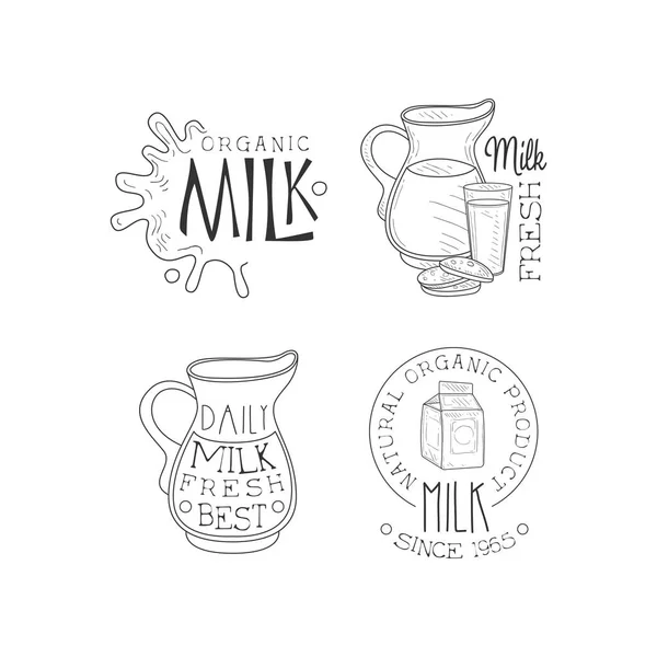 Vector set of monochrome emblems for dairy production business. Logos with milk splashes, jugs, cardboard packaging and glass with cookies — Stock Vector