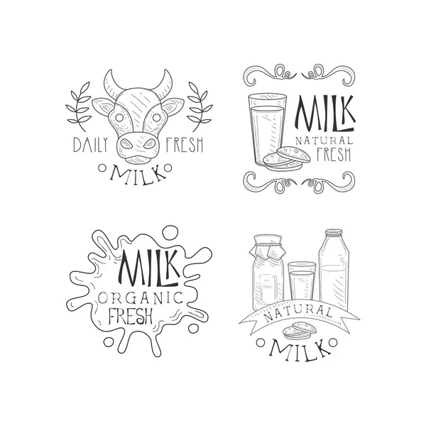 Conjunto vectorial de etiquetas de leche creativas con letras. Producto fresco y ecológico. emblemas originales en estilo de boceto — Archivo Imágenes Vectoriales