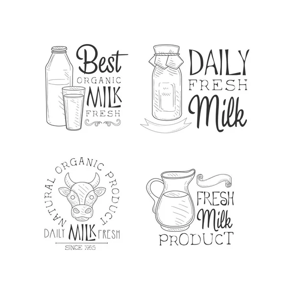 Conjunto vectorial de logotipos para productos lácteos frescos. Esbozo emblemas de estilo con botellas y vidrio, cabeza de vaca y jarra. Diseño para envasado de leche — Vector de stock