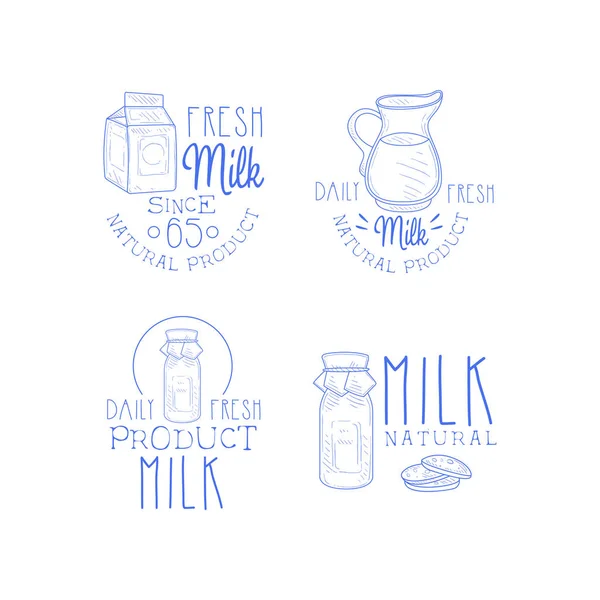 Sada monochromatický emblémy pro obchodní produkce mléka. Čerstvé a přírodní mléčný výrobek. Creative vektorové logo šablon v náčrtu styl — Stockový vektor