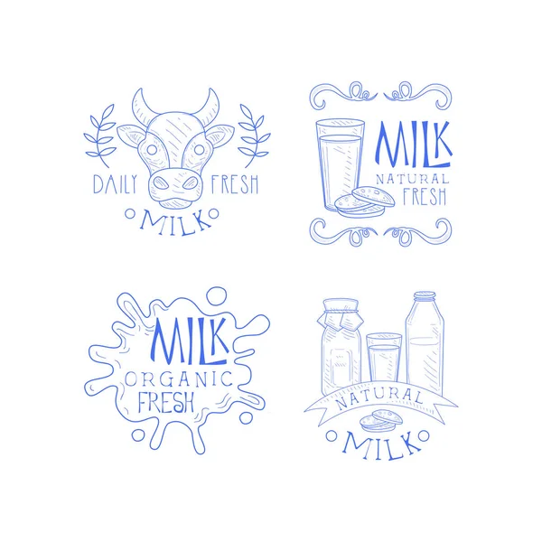 Vector set of sketch labels for dairy production business. Monochrome emblems with cow head, milk splashes, bottles and glass with cookies — Stock Vector