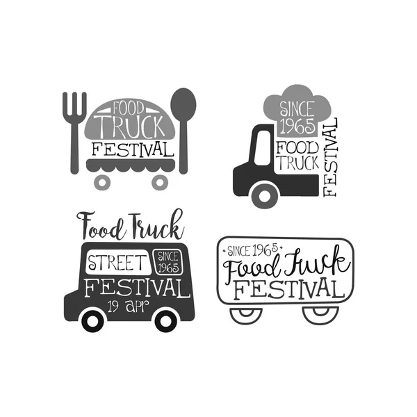 Set di emblemi monocromatici per festival food truck. Loghi originali con furgoni, cappello da chef, forchetta e cucchiaio. Vettore per poster pubblicitari — Vettoriale Stock