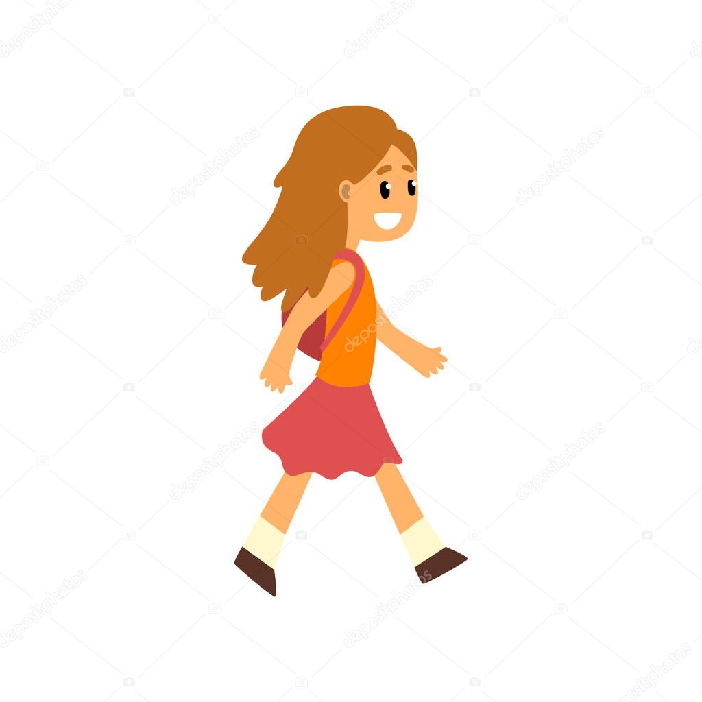 Cute happy girl walking with backpack vector Illustration on a white background