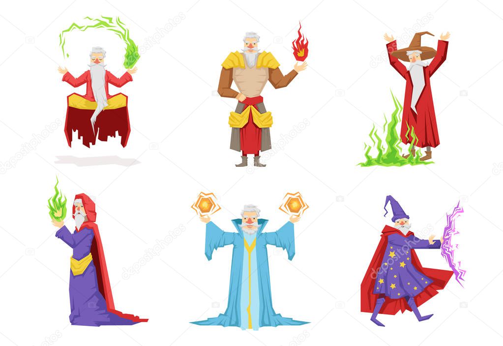 Flat vector set of fantasy wizards from children fairy tales. Old gray-bearded men s in different actions