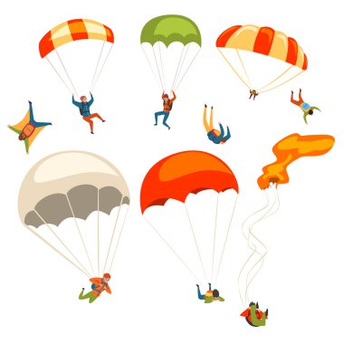 Paraşüt kümesiyle uçan skydivers, aşırı spor paraşütle atlama ve skydiving konsept çizimler beyaz bir arka plan üzerinde vektör