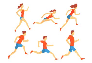 Eylem çalışan sporcular düz vektör kümesi. Erkek ve kadın spor giyim. Profesyonel kaçakçıları. Aktif yaşam tarzı