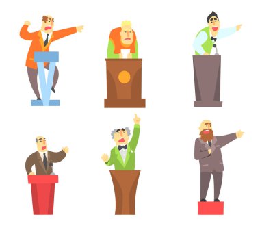 Yetişkin erkekler tribünlerin duran düz vektör kümesi. Ders ve kamu konuşma çizgi film erkek karakterleri