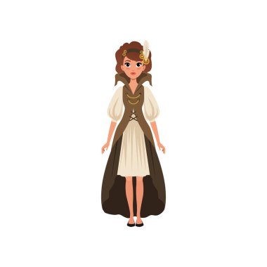 Steampunk kostüm güzel bir kadın. Kombinezon genç kız elbise kollu, uzun yelek ve tüy ve dişli ile kafa bandı ile. Düz vektör