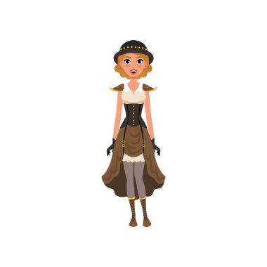Süslü steampunk giyim kadın. Kombinezon elbise, korse, eldiven, melon şapka ve bot bağlama ile genç kız. Düz vektör tasarımı