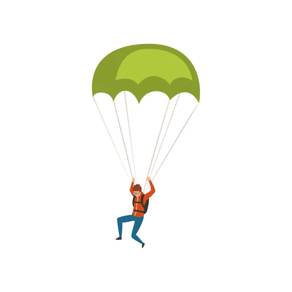 Skydiver descending with a parachute in the sky, parachuting sport and leisure activity concept vector Illustration on a white background — Stock Vector
