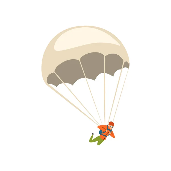 Young man descending with a parachute in the sky, parachuting sport and leisure activity concept vector Illustration on a white background — Stock Vector