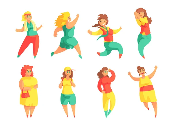 Platte vector set van grappige plus size vrouwen. Vrouwelijke stripfiguren met overgewicht. Mensen met een blij gezicht expressies — Stockvector