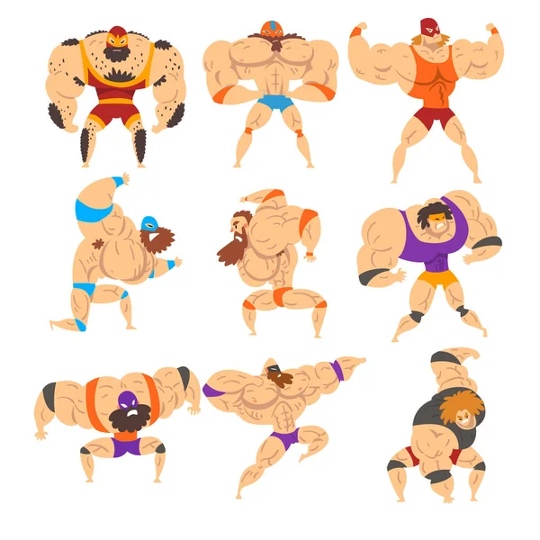 Krachtige worstelen fighter-personages ingesteld, professioneel worstelaar van recreatieve sporten Toon vector illustraties op een witte achtergrond — Stockvector