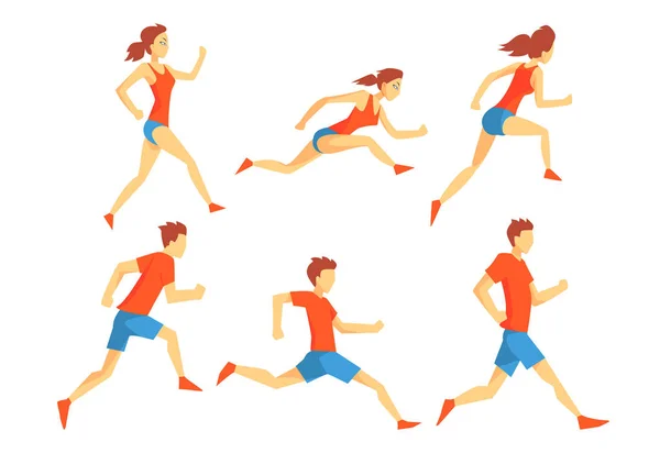 Flat vector set of athletes in running action. Man and woman in sportswear. Professional runners. Active lifestyle — Stock Vector