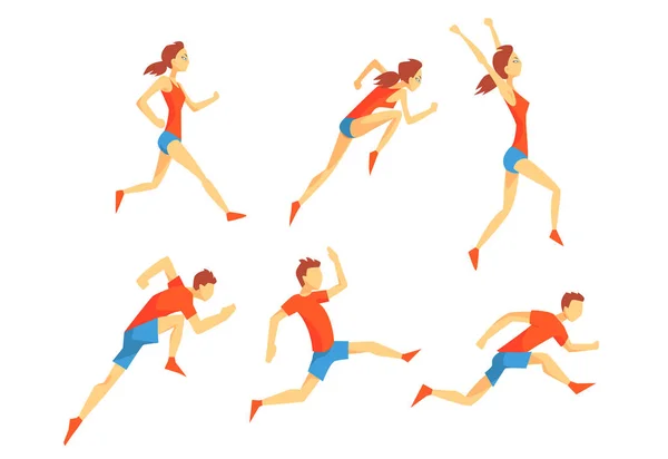 Set Energetic Man Woman Running Action Athletes Sportswear Cartoon Characters — Stock Vector