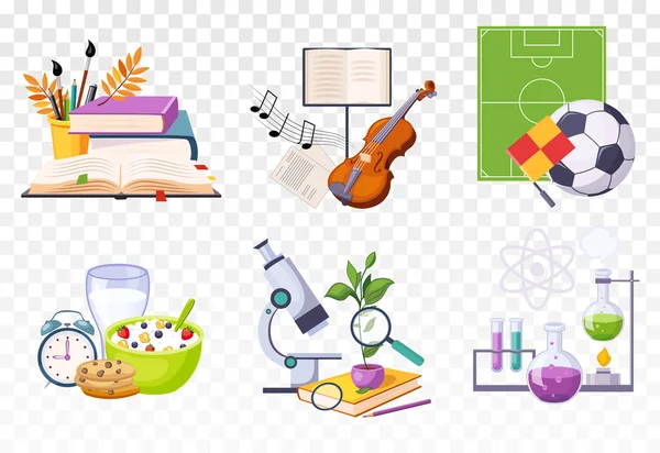 Conjunto de iconos vectoriales planos que presentan diferentes asignaturas escolares. Arte y música, deporte, biología y química. Sabroso desayuno y despertador — Vector de stock