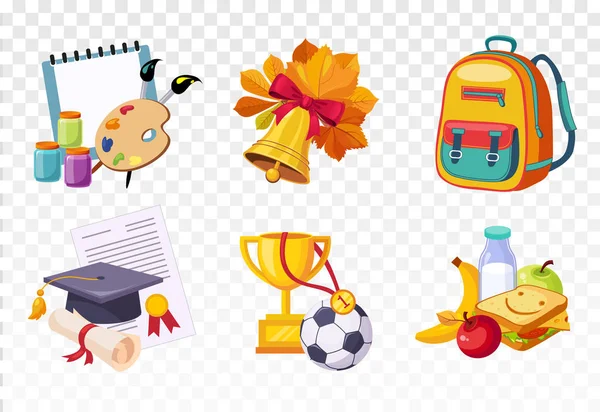 学校のテーマに関連するアイコンのフラットのベクトルを設定します。図面レッスン アイテム、ベルとバックパック、正方形の帽子とディプロマ、スポーツ賞、おいしいランチ — ストックベクタ