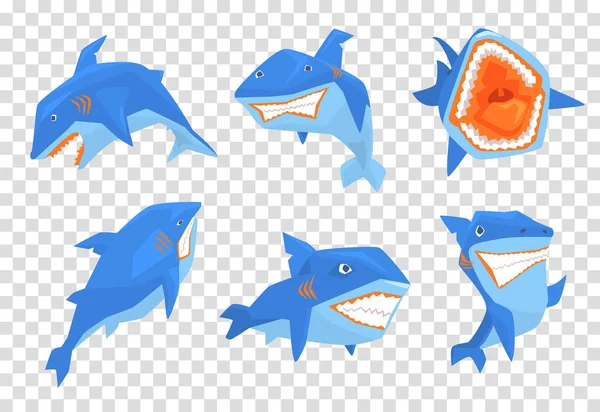 Flache Vektor-Set von großen blauen Hai. Meerestiere mit scharfen Zähnen und großer Flosse auf dem Rücken. Elemente für Aufkleber oder mobiles Spiel — Stockvektor