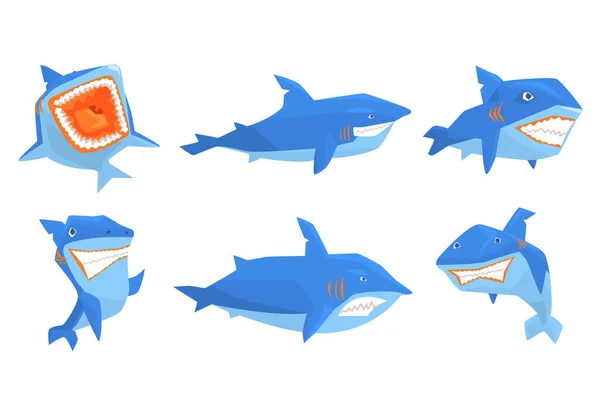 Conjunto de vectores planos de tiburón azul en diferentes poses. Animal marino con dientes afilados y aleta grande en la espalda. Elementos para móvil juego — Archivo Imágenes Vectoriales