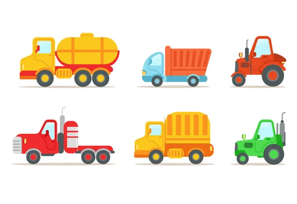 Flat vector set of different types of vehicles. Semi trailer, tractors, lorry, truck with tank. Transport or car theme. Heavy machinery — Stock Vector