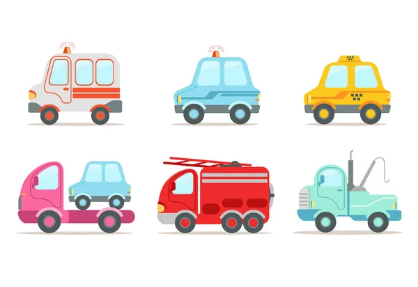 Platte vector set van verschillende voertuigen. Ambulance, politieauto, gele taxi, sleepwagen, wrecking auto en brandweerwagen. Dienst vervoer — Stockvector