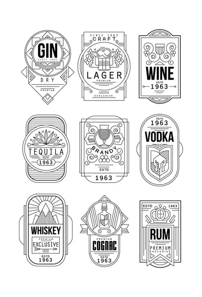 Alcohol labels set, gin, lager, wine, tequila, brandy, vodka, whiskey, cognac, rum retro alcohol industry monochrome emblem vector Illustration on a white background — Stock Vector