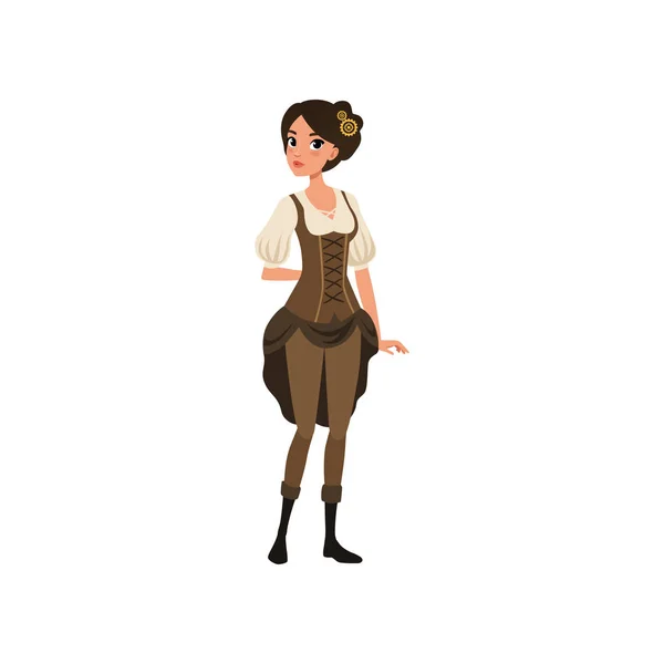 Jovencita disfrazada de steampunk. Mujer con blusa chemise, pantalones, corsé y botas. Vestido de fiesta elegante. Diseño de vector plano — Vector de stock