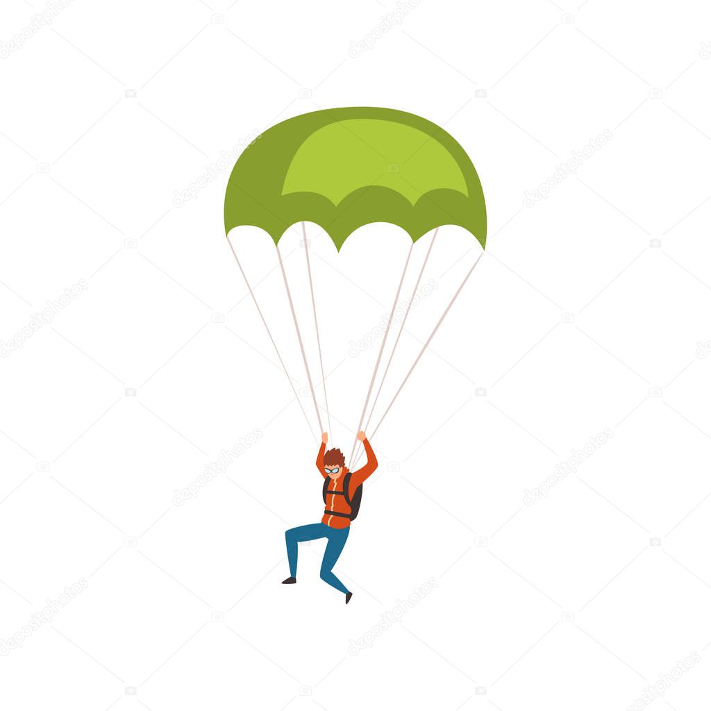 Skydiver descending with a parachute in the sky, parachuting sport and leisure activity concept vector Illustration on a white background