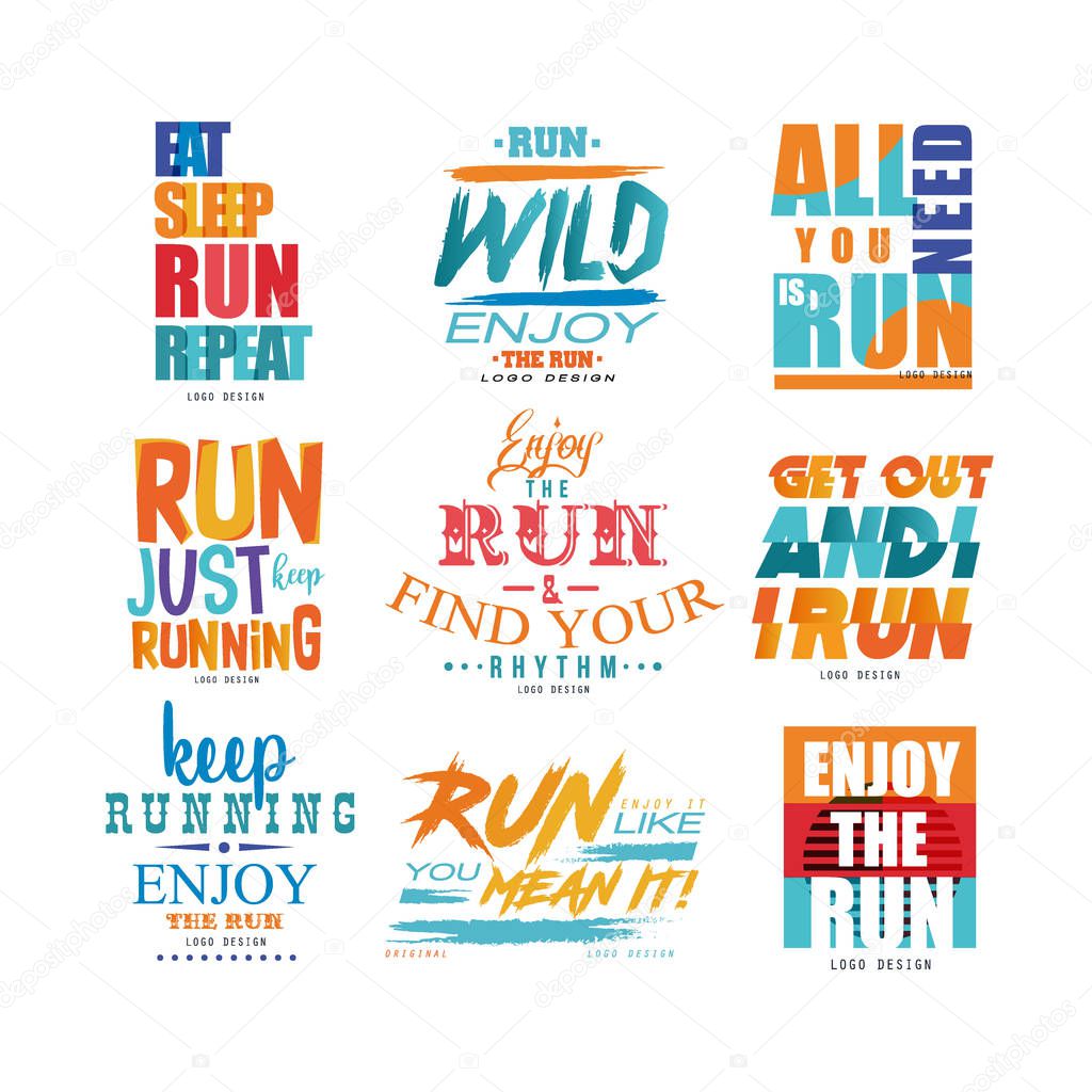Inspirational slogans set, sport motivation concept, design element for running poster, card, decoration banner, print, badge, sticker vector Illustrations