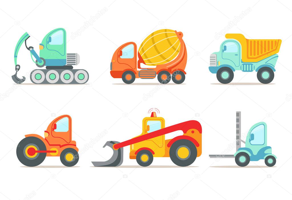 Flat vector set of colorful construction and cargo vehicles. Concrete mixing truck, large dumper, excavator, road working car, tractor and forklift