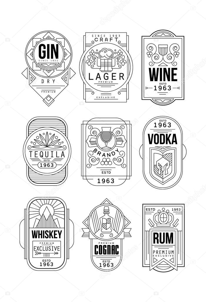 Alcohol labels set, gin, lager, wine, tequila, brandy, vodka, whiskey, cognac, rum retro alcohol industry monochrome emblem vector Illustration on a white background