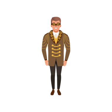 Steampunk kostüm gülümseyen adam. Altın zincir ve dişliler, gömlek, pantolon ve vintage gözlük ile ceketli çocuk. Düz vektör tasarımı
