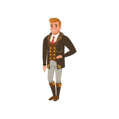 Steampunk giysili genç bir adam. Ceket, gömlek kırmızı kravat, yelek, pantolon ve bot ile vites ile adam. Düz vektör tasarımı