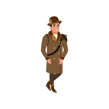 Beyefendi steampunk kıyafeti. Genç gears ile giyen gömlek, uzun kahverengi ceket, çizme ve melon şapka adam. Düz vektör tasarımı