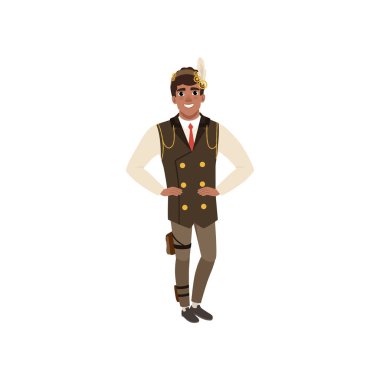 Adam silah akimbo ile poz steampunk kostüm. Dostum gömlek, kravat, zincirleri, pantolon ve kafa bandı ve tüy ile yelek. Düz vektör