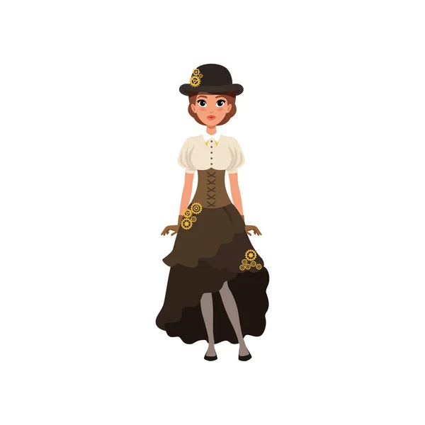 Encantadora chica con traje de steampunk. Mujer en blusa, falda con bullicio, corsé y sombrero de jugador de bolos con engranajes. Un atuendo elegante. Diseño de vector plano — Vector de stock