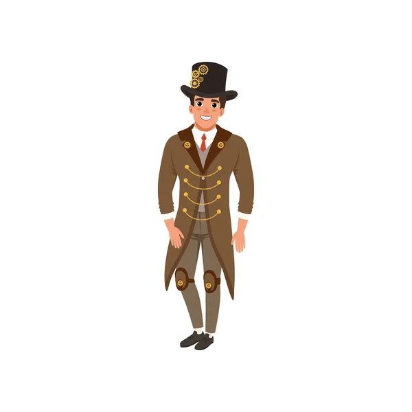 Jonge man in steampunk kostuum. Vrolijke kerel in vintage lange jas, overhemd, stropdas, vest, broek en hop hoed met versnellingen. Platte vector design — Stockvector