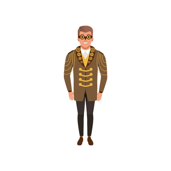 Usmívající se muž v steampunk kostým. Chlápek v saku s zlatými řetězy a ozubená kola, košili, kalhoty a retro brýle. Konstrukce plochých vector — Stockový vektor