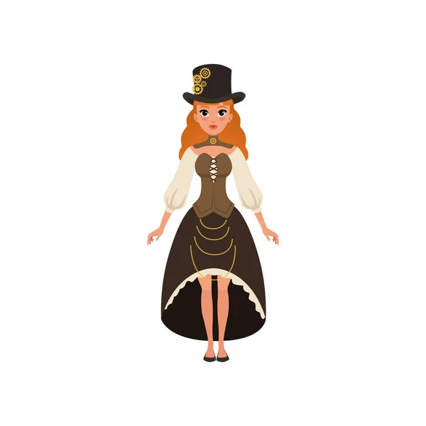 Jovencita pelirroja disfrazada de steampunk. Mujer en blusa con mangas, corsé, falda con bullicio y sombrero de copa con engranajes. Vector plano — Archivo Imágenes Vectoriales