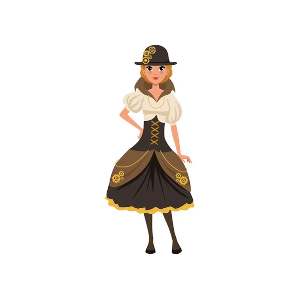 Joven chica steampunk. Mujer en blusa, corsé, falda con bullicio y sombrero de jugador de bolos con engranajes. Vestido de moda de época victoriana. Vector plano — Vector de stock