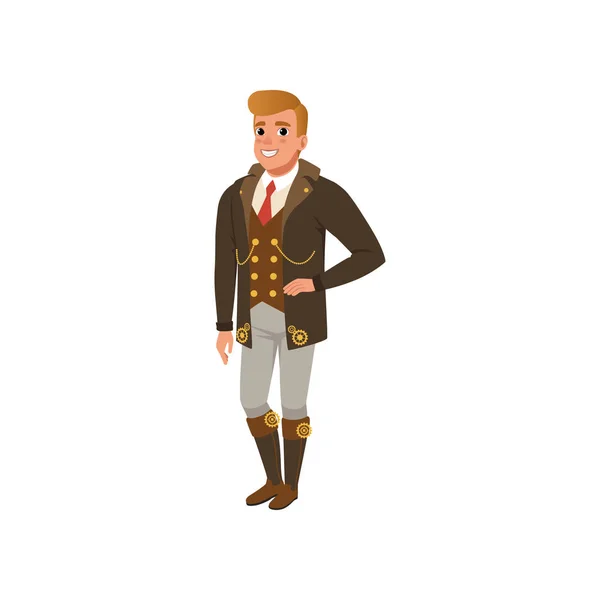 Un joven con ropas de steampunk. Hombre de chaqueta, camisa con corbata roja, chaleco, pantalones y botas con engranajes. Diseño de vector plano — Vector de stock