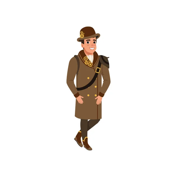 Caballero de traje steampunk. Joven con camisa, abrigo largo marrón, botas y sombrero de jugador de bolos con engranajes. Diseño de vector plano — Vector de stock