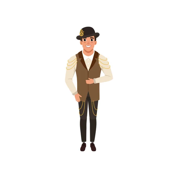 Steampunk man. Young guy in shirt, pants, vest with chains and bowler hat with gears. Costume for festival. Flat vector design — Stock Vector