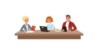 Kitap okuma ve dizüstü bilgisayarlar kullanarak okuyan gençler, öğrenciler öğrenme süreci içinde resimde beyaz bir arka plan üzerinde vektör