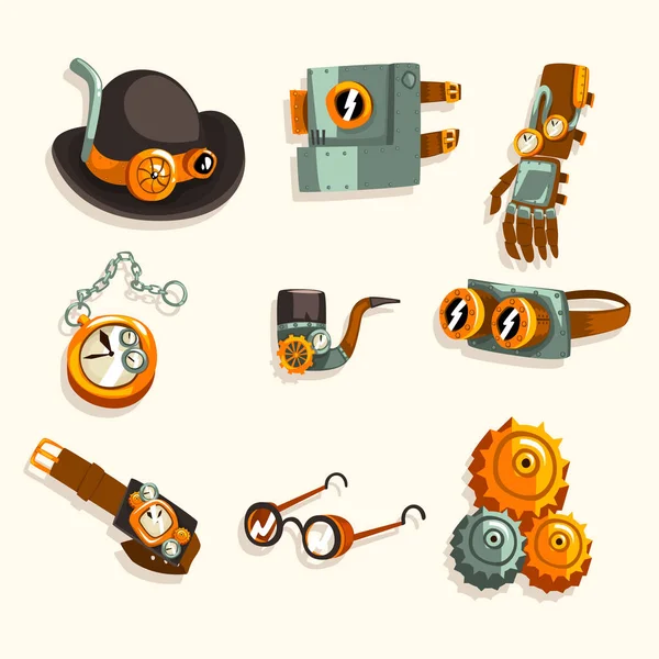 Steampunk objects set, antique mechanical devices and mechanisms vector Illustration on a white background — Stock Vector