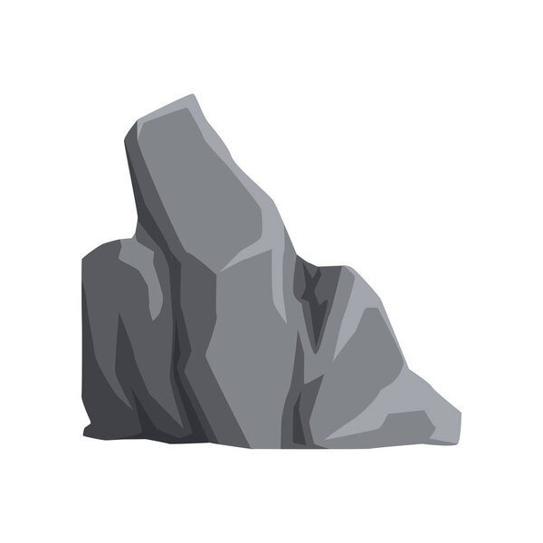 Large mountain stone. Gray rock with lights and shadows. Solid mineral material. Cartoon vector element for landscape background of video game