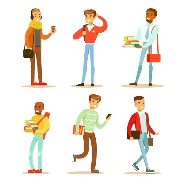 Conjunto de vector plano de chicos alegres jóvenes. Estudiantes universitarios o universitarios con libros y bolsas. Personajes de personajes de dibujos animados — Vector de stock