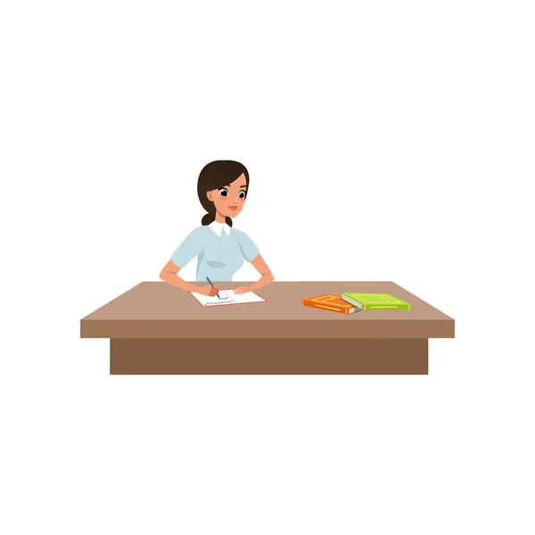 Fille assise au bureau et écrivant, étudiante en processus d'apprentissage vecteur Illustration sur fond blanc — Image vectorielle