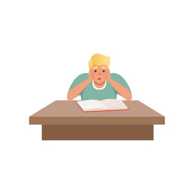 Masada oturan ve bir kitap, beyaz zemin üzerine sınav vektör çizim önce çalışınca öğrenci okuma yorgun genç adam